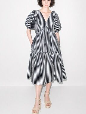 FRAME NWT Puff Sleeve Striped Midi Dress Size Medium Blue White Organic Cotton